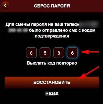 Ввод кода подтверждения из SMS при сбросе пароля